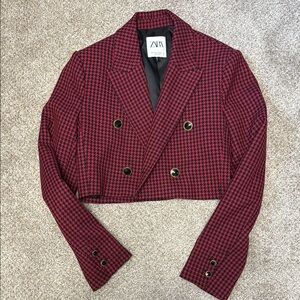 Zara Women's Red and Black Houndstooth Blazer
